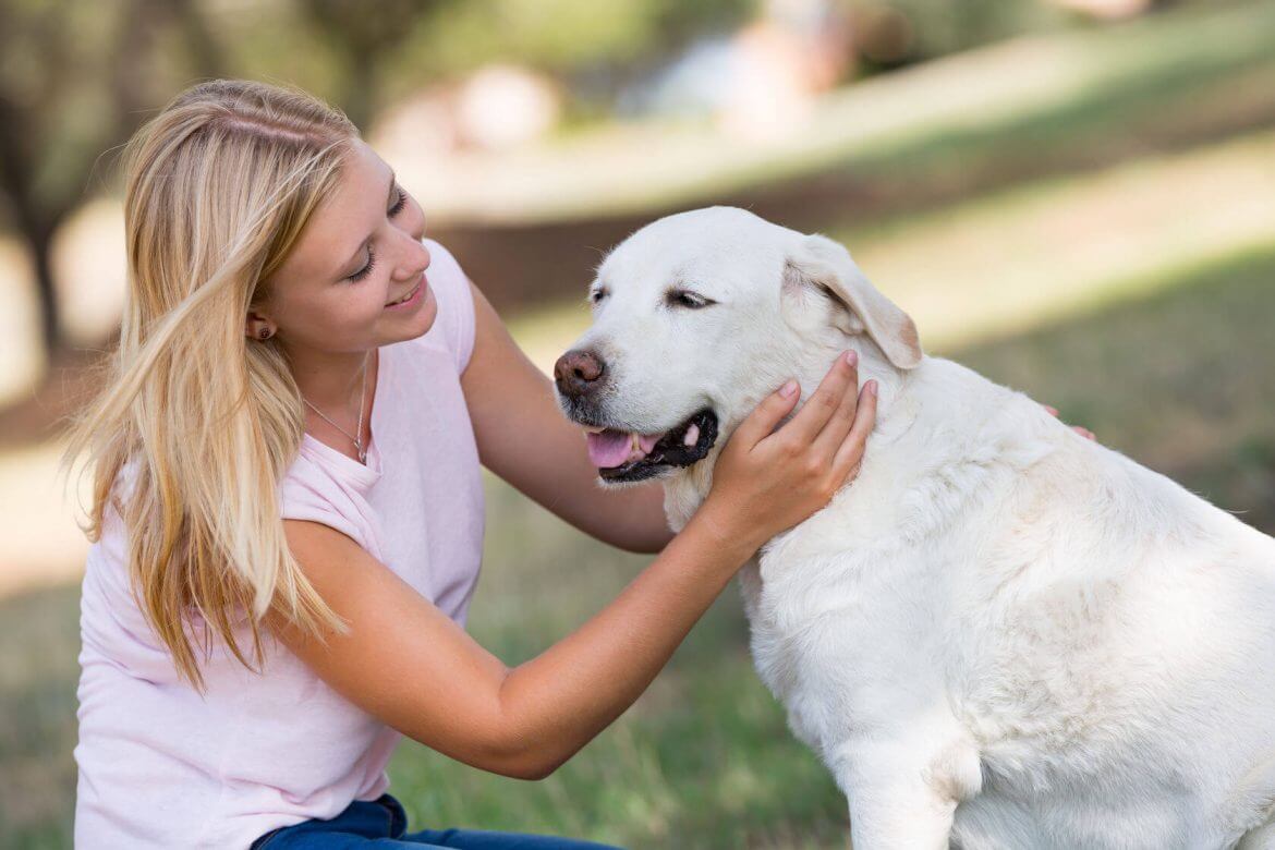 image-blond girl petting older dog